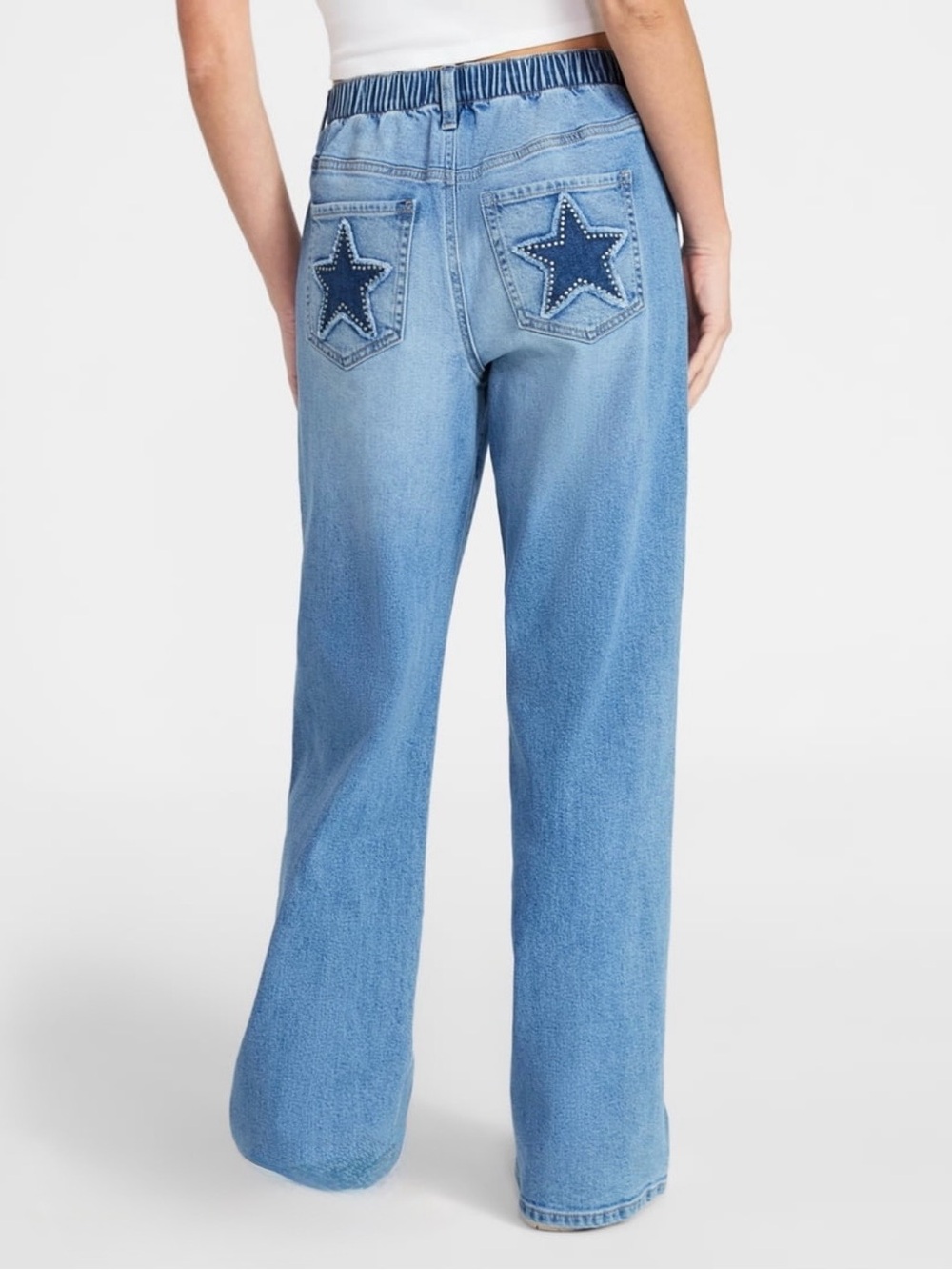 No Boundaries Light Blue Wide-Leg Jeans with Dark Blue Star Pockets